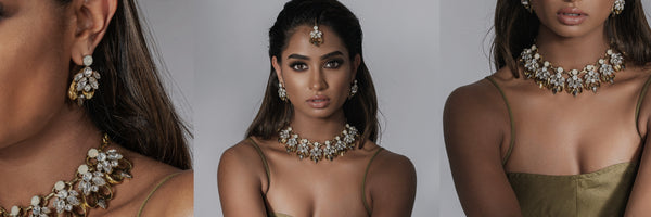 gold statement necklace indian jewellery set for wedding event tikka earrings and choker necklace gift for women