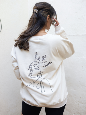 nikita oversized cream hoodie sweashirt sweater ecru off white sand queen line drawing empowering boyfriend jumper embroidered stitching