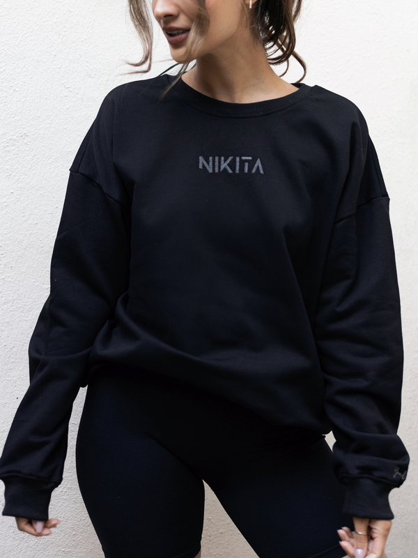 nikita oversized black hoodie sweashirt sweater ecru off white sand queen line drawing empowering boyfriend jumper embroidered stitching