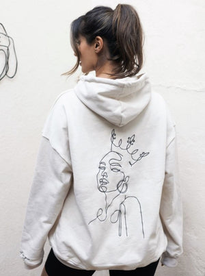 nikita cream white ecru sand hoodie oversized with line drawing queen logo empowering quote quality jumper airport outfit drawstring hoody