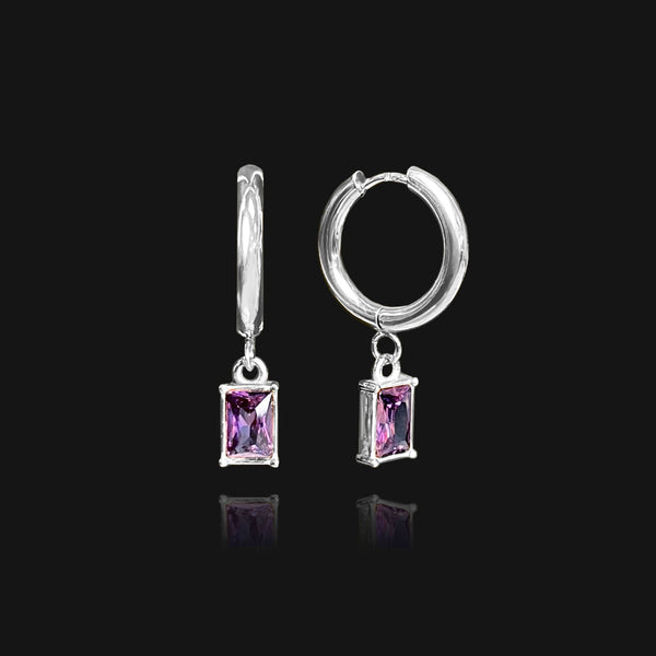 NIKITA 18k silver plated hoop earrings with an amethyst charm. Perfect birthday gift, valentines gift or Christmas gift for her.