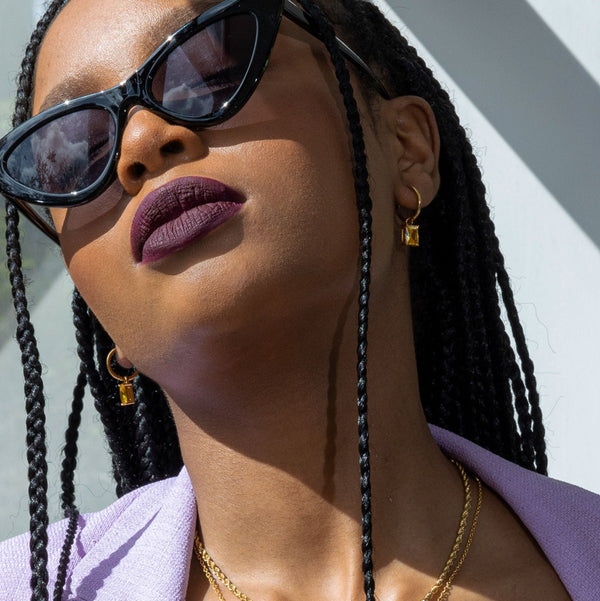 NIKITA citrine pendant hoop earrings with an 18k gold plated finish. Small hoops for women made with a quality water-resistant, hypoallergenic stainless steel base. Christmas everyday jewellery gift for her.