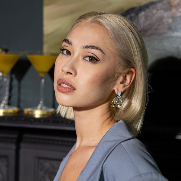 NIKITA leilani rhinestone encrusted statement earrings with an antique gold plated finish. Stud/drop earrings made with a hypoallergenic stainless steel base. Christmas everyday jewellery gift for her.