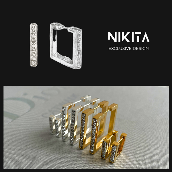 NIKITA square rhinestone hoop earrings with a quality 18k silver plated stainless steel base. Perfect birthday gift, valentines gift or Christmas gift for her.