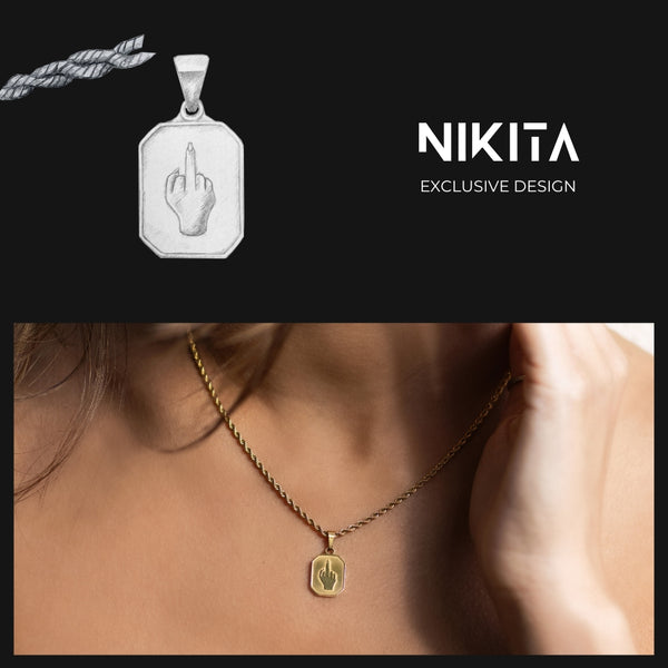 NIKITA 'I am Savage' middle finger pendant necklace with quality 18k gold plating and a bold twist adjustable twist chain. A fun gift for best friend.