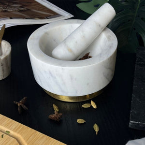 NIKITA solid, real marble pestle and mortar set. A contemporary interior accessory, featuring a gold, rose gold or silver base. Home kitchen accessory to create fresh pestos and pastes.
