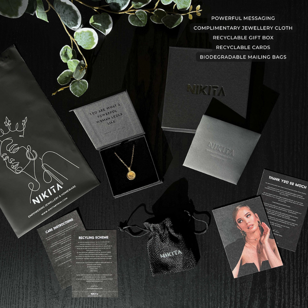 Luxury black branded, recyclable and biodegradable gift packaging for all NIKITA jewellery.