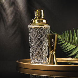 NIKITA luxury glass cocktail shaker and jigger set. Cocktail making set with stainless steel lid and built in strainer. Ideal birthday or celebratory gift for couples.