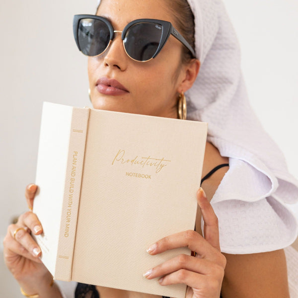 NIKITA productivity lined linen notebook with luxury sleeve. A quality journal with a ribbon bookmark gold foil edged paper. Christmas or birthday gift for her.