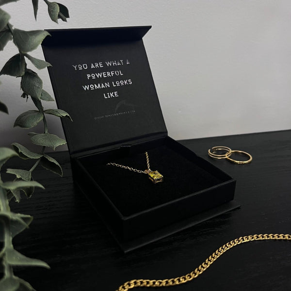 NIKITA citrine pendant necklace with a unique precious stone design and 18k plated gold finish. A water-resistant pendant and adjustable chain made with a hypoallergenic stainless steel base. Christmas everyday jewellery gift for her.