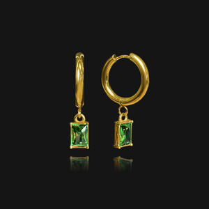 NIKITA emerald crystal pendant hoop earrings with an 18k gold plated finish. Small hoops for women made with a quality water-resistant, hypoallergenic stainless steel base. Christmas everyday jewellery gift for her.