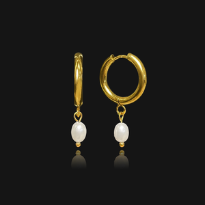 NIKITA pearl charm hoop earrings with a quality 18k gold plated stainless steel base. Perfect birthday gift, Christmas gift or valentines gift for her.