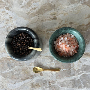 NIKITA x Bloomingville set of 2 marble salt and pepper jars with gold spoons. Salt and pepper pots to display and serve condiments in your home.