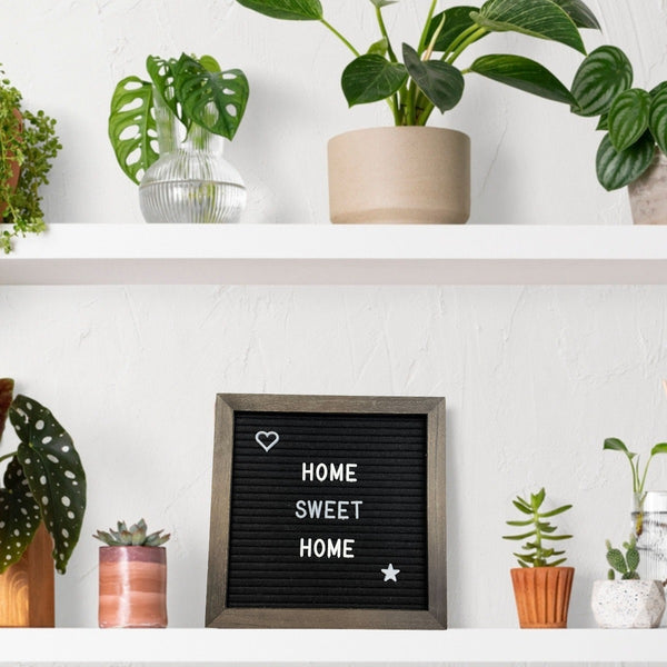 NIKITA small white or black felt letter board set, to use and display in your home. A wall or side table accessory with 6 sets of numbers, letters and symbols. Ideal christmas or new home gift for couples.