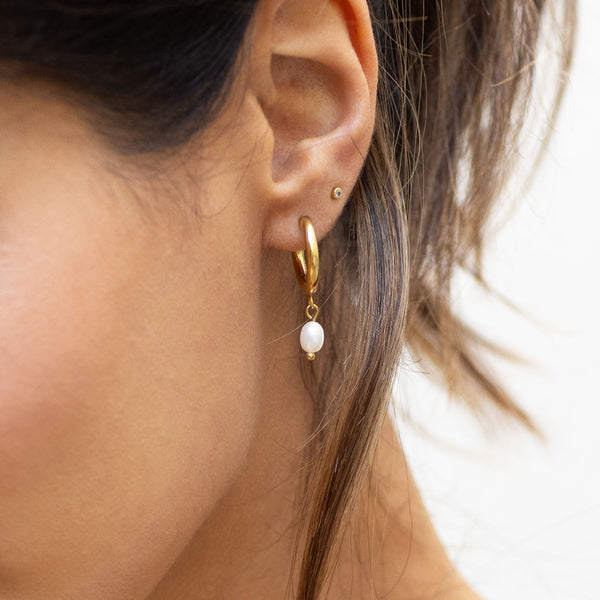 NIKITA pearl charm hoop earrings with a quality 18k gold plated stainless steel base. Perfect birthday gift, Christmas gift or valentines gift for her.