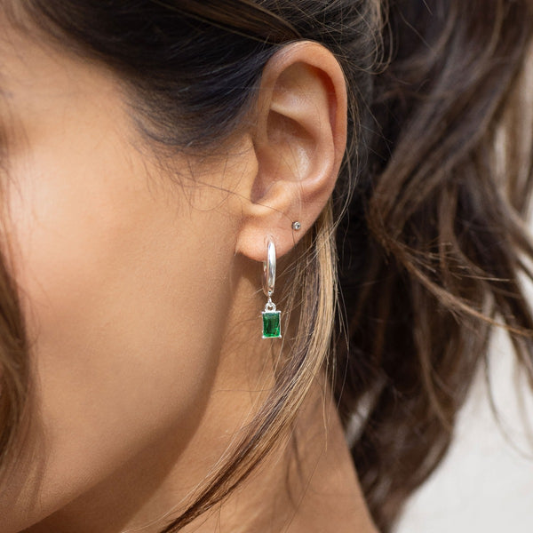 NIKITA silver hoop earrings with emerald green charm. 18k plated silver earrings with stainless steel base. Perfect birthday gift, valentines gift or Christmas gift for her.