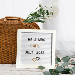 NIKITA small white or black felt letter board set, to use and display in your home. A wall or side table accessory with 6 sets of numbers, letters and symbols. Ideal christmas or new home gift for couples.