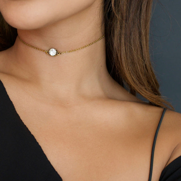 NIKITA single rhinestone encrusted choker with an antique gold plated finish. A statement necklace made with a quality, hypoallergenic stainless steel base. Christmas everyday jewellery gift for her.
