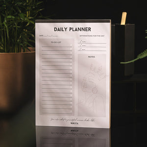 NIKITA daily planner desk pad, black and white tear off notebook with daily affirmations and to-do list. Ideal stationery gift for her.