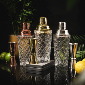 NIKITA luxury glass cocktail shaker and jigger set. Cocktail making set with stainless steel lid and built in strainer. Ideal birthday or celebratory gift for couples.