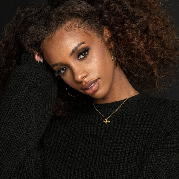 NIKITA bumble bee pendant necklace with a unique, intricate design and an 18k plated gold finish. A water-resistant pendant and adjustable chain made with a hypoallergenic stainless steel base. Christmas everyday jewellery gift for her.