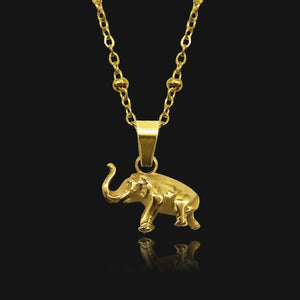 NIKITA elephant pendant necklace with a unique, baby elephant 3D design. A water-resistant 18k gold plated pendant and adjustable chain made with a hypoallergenic stainless steel base. Christmas everyday jewellery gift for her.