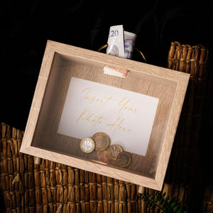 NIKITA custom photo fund money box. An adult piggy bank to save your pennies. Personalised wood frame with your own photo or quote. Christmas or birthday gift for her or gift for couples.