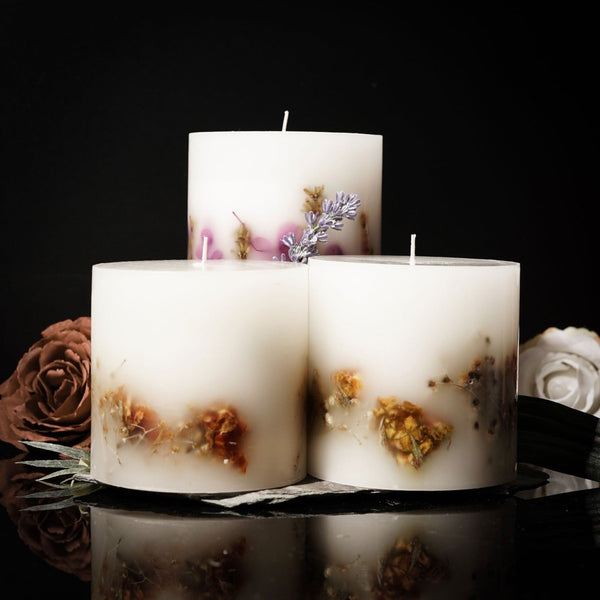 NIKITA botanical pillar candle with dried flowers and floral scents. Scented candles in red rose, lily rose and lavender. Christmas or birthday gift for her.