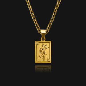 NIKITA Queen card pendant necklace engraved with a unique line drawing design. A waterproof 18k gold plated charm with a hypoallergenic stainless steel base. Christmas everyday jewellery gift for her.