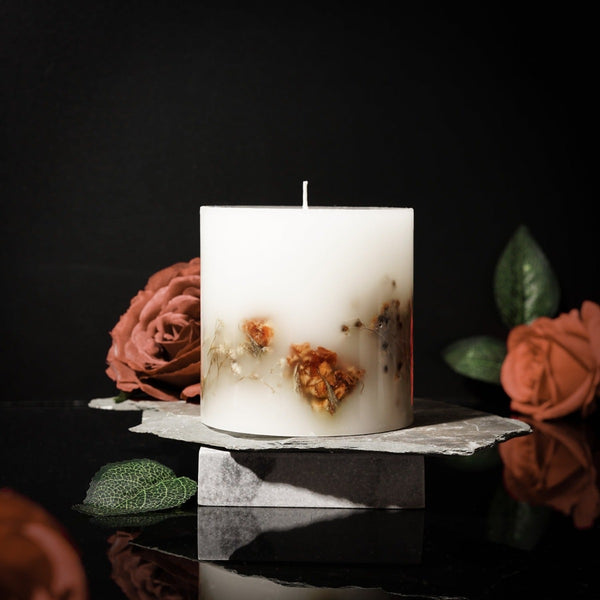 NIKITA botanical pillar candle with dried flowers and floral scents. Scented candles in red rose, lily rose and lavender. Christmas or birthday gift for her.