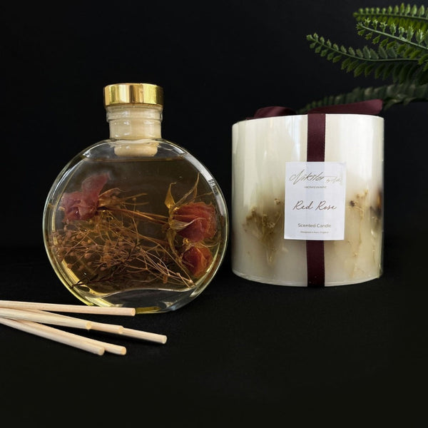 NIKITA botanical pillar candle with dried flowers and floral scents. Scented candles in red rose, lily rose and lavender. Christmas or birthday gift for her.