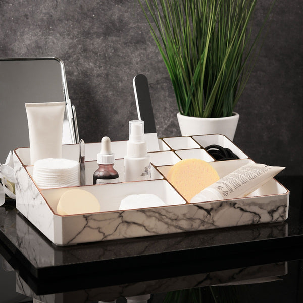 NIKITA marble makeup organiser with 9 varied sized compartments to store your skincare, cosmetics or stationery products. A vanity tray with a gold, rose gold or silver trim. Ideal Christmas or birthday gift for her.