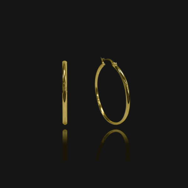 NIKITA classic, every day hoop earrings. Waterproof and hypoallergenic 18k plated hoops with a stainless steel base. Everyday jewellery gift for her.