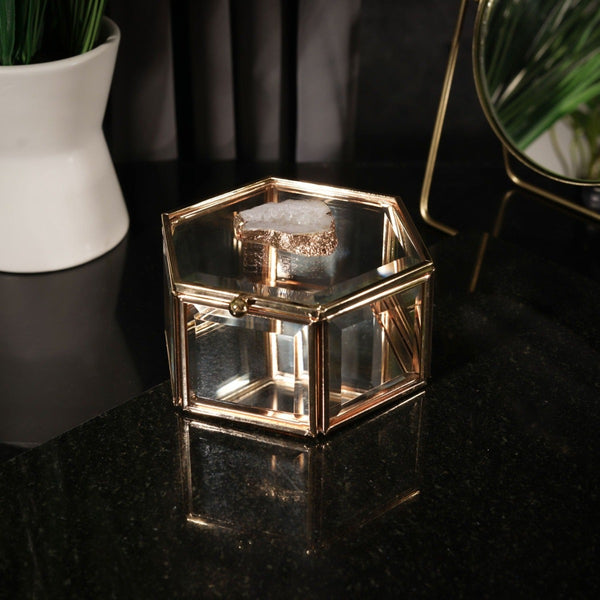NIKITA luxury glass agate crystal jewellery trinket box with a gold or silver edge and natural crystal lid. Jewellery storage accessory for your dressing table. Christmas or birthday gift for her.