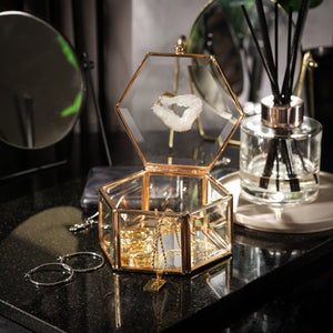 NIKITA luxury glass agate crystal jewellery trinket box with a gold or silver edge and natural crystal lid. Jewellery storage accessory for your dressing table. Christmas or birthday gift for her.