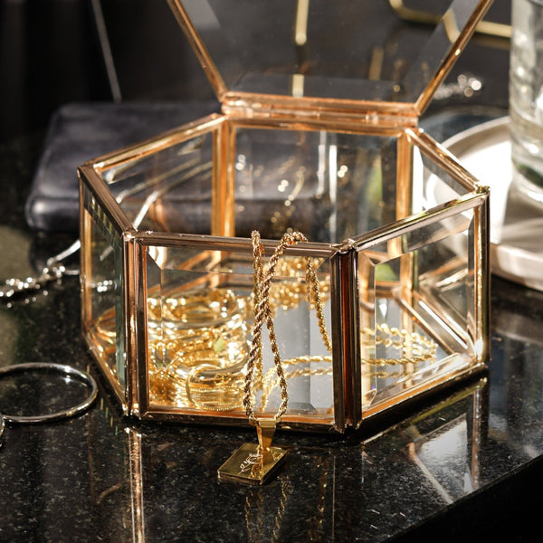 NIKITA personalised initial glass jewellery trinket box with a gold or silver edge and mirrored base. Jewellery storage accessory for your dressing table. Christmas or birthday gift for her.