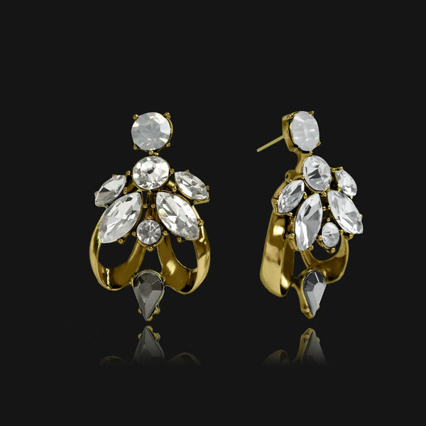 NIKITA leilani rhinestone encrusted statement earrings with an antique gold plated finish. Stud/drop earrings made with a hypoallergenic stainless steel base. Christmas everyday jewellery gift for her.