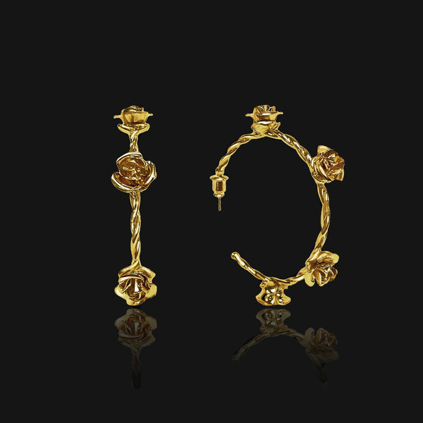 NIKITA twisted rose statement hoops earrings. Waterproof and hypoallergenic 18k plated hoops with a stainless steel base. Everyday jewellery gift for her.