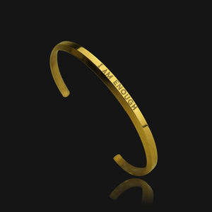NIKITA 'I Am Enough' cuff, engraved adjustable bangle with waterproof 18k gold plating and a hypoallergenic stainless steel base. Christmas everyday jewellery gift for her.