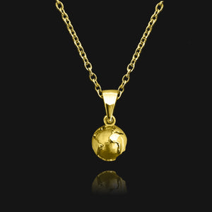 NIKITA globe pendant necklace with a unique, 3D earth design. A water-resistant world pendant with quality 18k gold plating and adjustable chain made with a hypoallergenic stainless steel base. Christmas everyday jewellery gift for her.