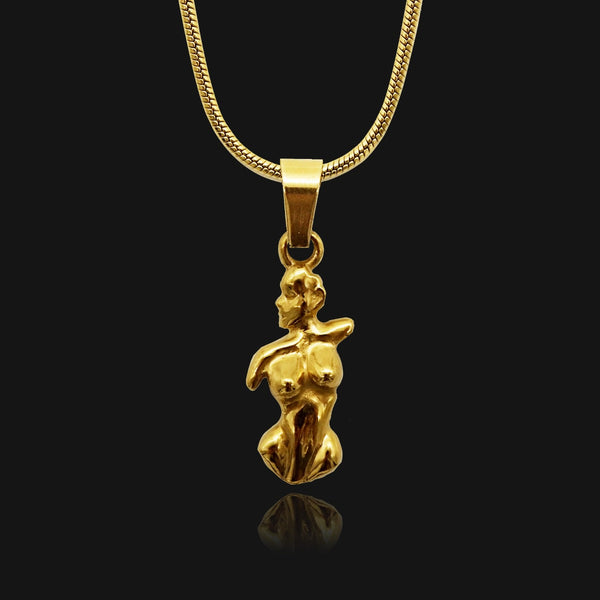 NIKITA woman pendant necklace with a unique female body design and 18k plated gold finish. A water-resistant pendant and adjustable chain made with a hypoallergenic stainless steel base. Christmas everyday jewellery gift for her.