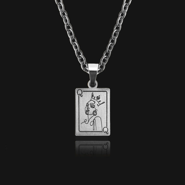 NIKITA Queen card pendant necklace engraved with a unique line drawing design. A waterproof silver charm with a hypoallergenic stainless steel base. Christmas everyday jewellery gift for her.