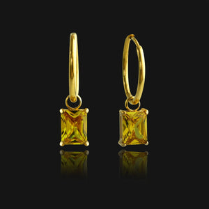 NIKITA citrine pendant hoop earrings with an 18k gold plated finish. Small hoops for women made with a quality water-resistant, hypoallergenic stainless steel base. Christmas everyday jewellery gift for her.