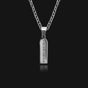 NIKITA fearless engraved bar pendant necklace. A waterproof silver charm and quality chain, with a hypoallergenic stainless steel base. Christmas everyday jewellery gift for her.