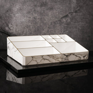 NIKITA marble makeup organiser with 9 varied sized compartments to store your skincare, cosmetics or stationery products. A vanity tray with a gold, rose gold or silver trim. Ideal Christmas or birthday gift for her.