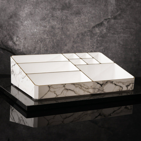 NIKITA marble makeup organiser with 9 varied sized compartments to store your skincare, cosmetics or stationery products. A vanity tray with a gold, rose gold or silver trim. Ideal Christmas or birthday gift for her.