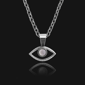 NIKITA evil eye pendant necklace with a unique precious moonstone centre and silver hammered finish. A water-resistant pendant and adjustable chain made with a hypoallergenic stainless steel base. Christmas everyday jewellery gift for her.