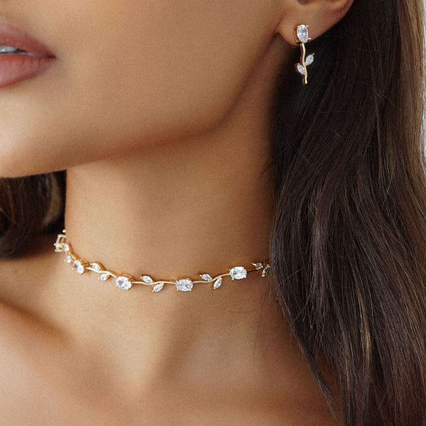 Rhinestone Choker Necklace and Stud Earrings Set  Silver