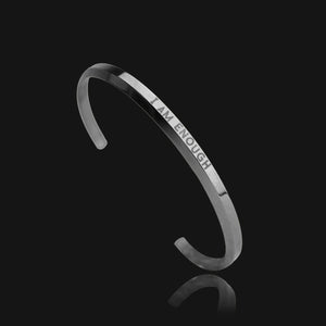 NIKITA 'I Am Enough' cuff, engraved adjustable silver bangle with a waterproof, hypoallergenic stainless steel base. Christmas everyday jewellery gift for her.
