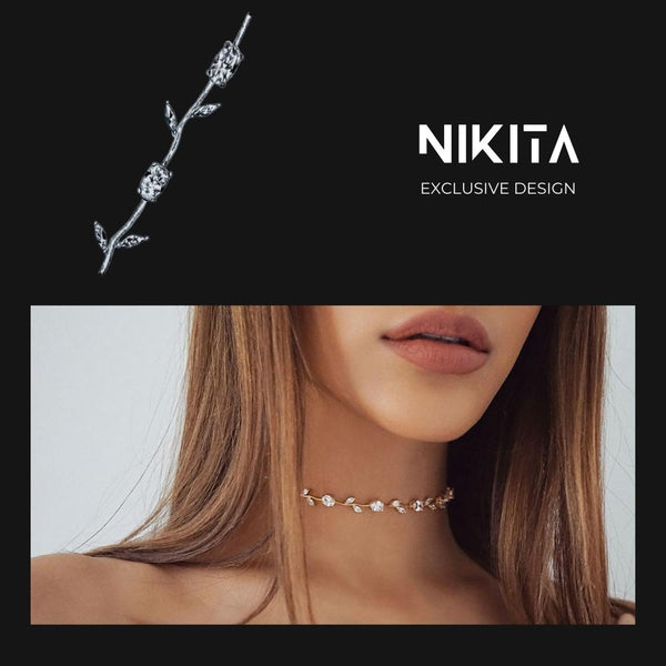 NIKITA Valentina rhinestone encrusted choker with an 18k plated gold, rose gold or silver finish. A unique necklace made with a hypoallergenic stainless steel base. Christmas everyday jewellery gift for her.